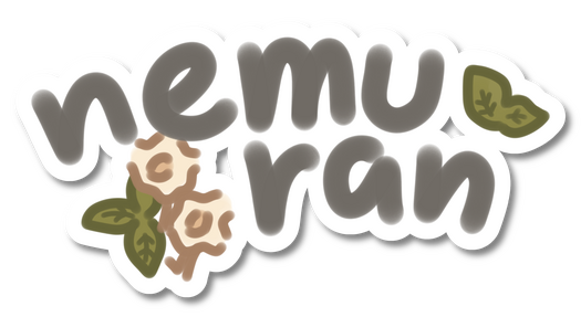 Nemuran's logo. The writing is Nemuran's standard typography. The logo is decorated with 2 green leaves on the top right corner, and a pair of white flowers with 3 green leaves on the bottom left as a reference to the character's design.